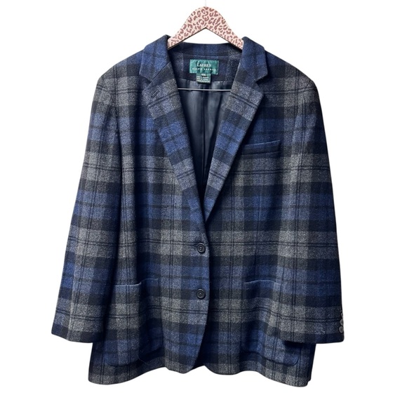 Lauren Ralph Lauren Vintage Vtg 100% Lambswool Plaid Blazer Jacket Blue Gray 18W
